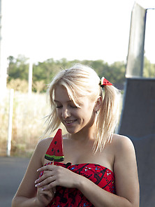 Innocent,  Pigtailed Blonde Teen Rollerblading And Getting Naked