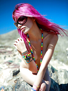 Super Sexy Skinny Purple Haired Party Girl Naked In The Sunshine