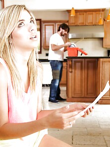 Charming Blonde Teen Seduces Handsome Plumber At The Kitchen Whi