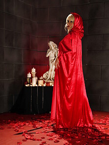 Blonde Witch In Heels Slowly Removes Red Gown And Poses Naked On