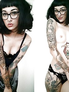 Tattooed Goth Girl Glasses Strip Naked Nerdy