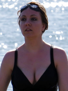 Brunette Milf In Swimsuit,  Showing Her Sexy Cleavage