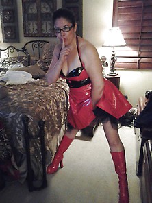 Milf In Red Vinyl Pvc Fetish Dress And Boots