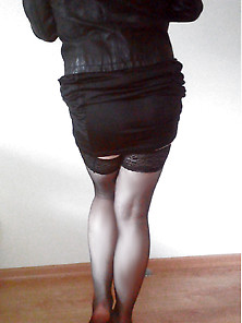 Black Skirt,  Leather Jacked And Stockings!