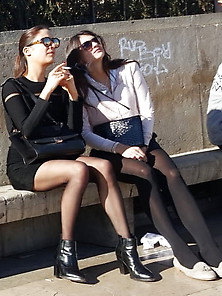 Two Women Rich In Pantyhose Smoke Their Cigarette