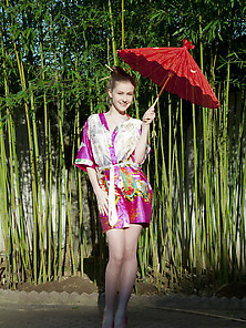 Pale Blonde With A Lithe Body Takes Off Her Stylish Kimono Robe