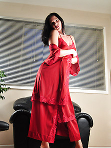 Pretty Brunette Babe Mina In Red Dress Chair Masturbating