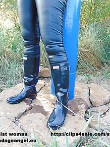 Angela In Wet Leather Jeans And Handcuffs