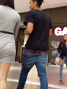 Candid Voyeur Teen Tight Gray Dress Vtl Vpl Mall Ass Booty