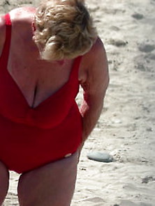 Granny Sexy Hangers In The Red Swimsuit