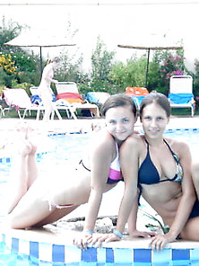 Russian Babes, Not Sisters,  On Holiday Near Poolside