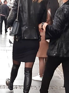 Leather Boots And Pantyhose In The Town
