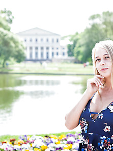 Blue Dress Blonde Teen Poses Next To A Luxurious Country Mansion