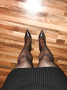 Black Nylons In Black Pointy High Heels