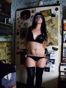 My Slut Angelina Some Selfies In A Leather Bikini And Skirt