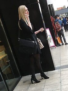 Street Pantyhose - Blonde Brit Cunt In Black Tights