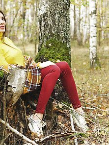 Brunette Takes Off Her Yellow Sweater In The Forest To Masturbat