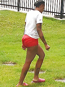 Ebony Amazing Tight Pantie Line In Tight Red Shorts!!
