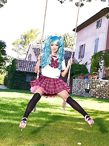 Cosplay Whore With Blue Hair Flashes Immense Babylons And Pussy