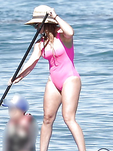 Hilary Duff Pink Swimsuit On The Beach 8-5-17