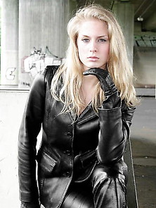 Beautiful Teen In Black Leather Pants,  Gloves & Jacket