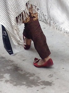 Pakistani Aunty Feet In Red Velvet Flat Shoes Sexy