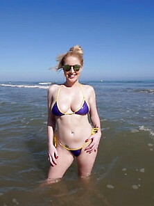 Pale Blonde Micro Bikini Babe On The Beach