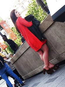 Candid Sexy Brunette In High Heels Mules