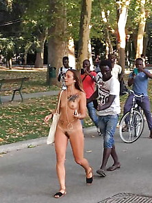 Naked Girl Walking In Bologna,  Italy