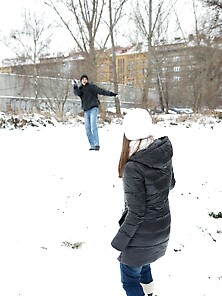 Spicy Girl Plays In The Snow With Young Man And Hurries Home To