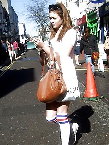 Candid Street Brit Slut Teen In Long Socks