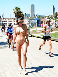 Brunette Girl Nude At Barcelona Beach Area