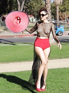 Blanca Blanco Wearing A Fishnet Top And No Bra In The Park In La